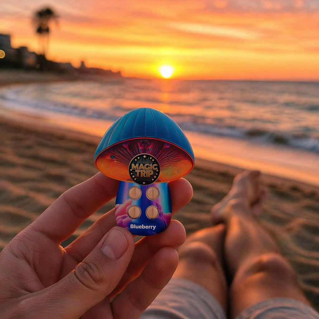Magic Trip Blueberry mushroom tab on the beach at sunset