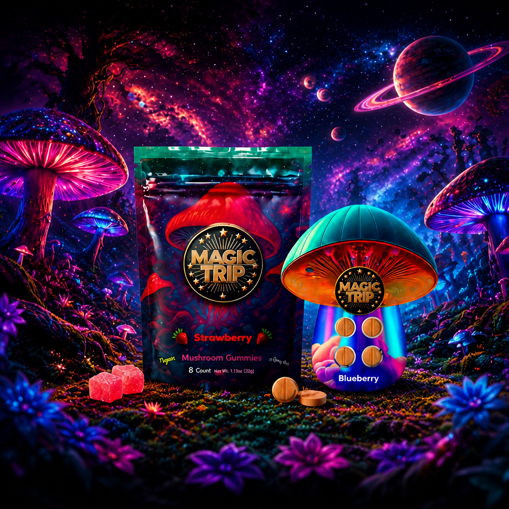 Magic Trip Strawberry mushroom gummies and Blueberry mushroom tabs